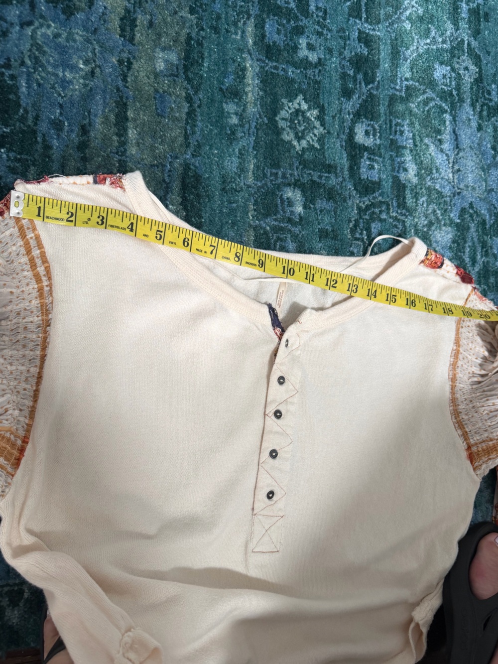 Free People Cream Henley Top with Rust and Maroon Patchwork Sleeves - Picture 7 of 12
